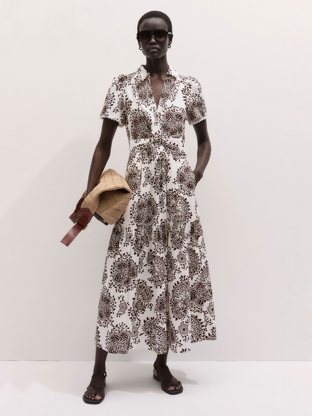 ME+EM Maxi Dress Womens 12 White Brown NWT Printed Cheesecloth Twist V-Neck